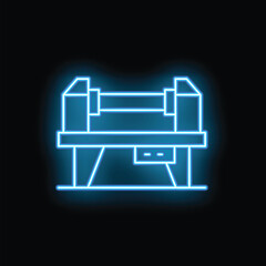 Neon icon of industrial paper cutting machine glowing with blue light on a black background