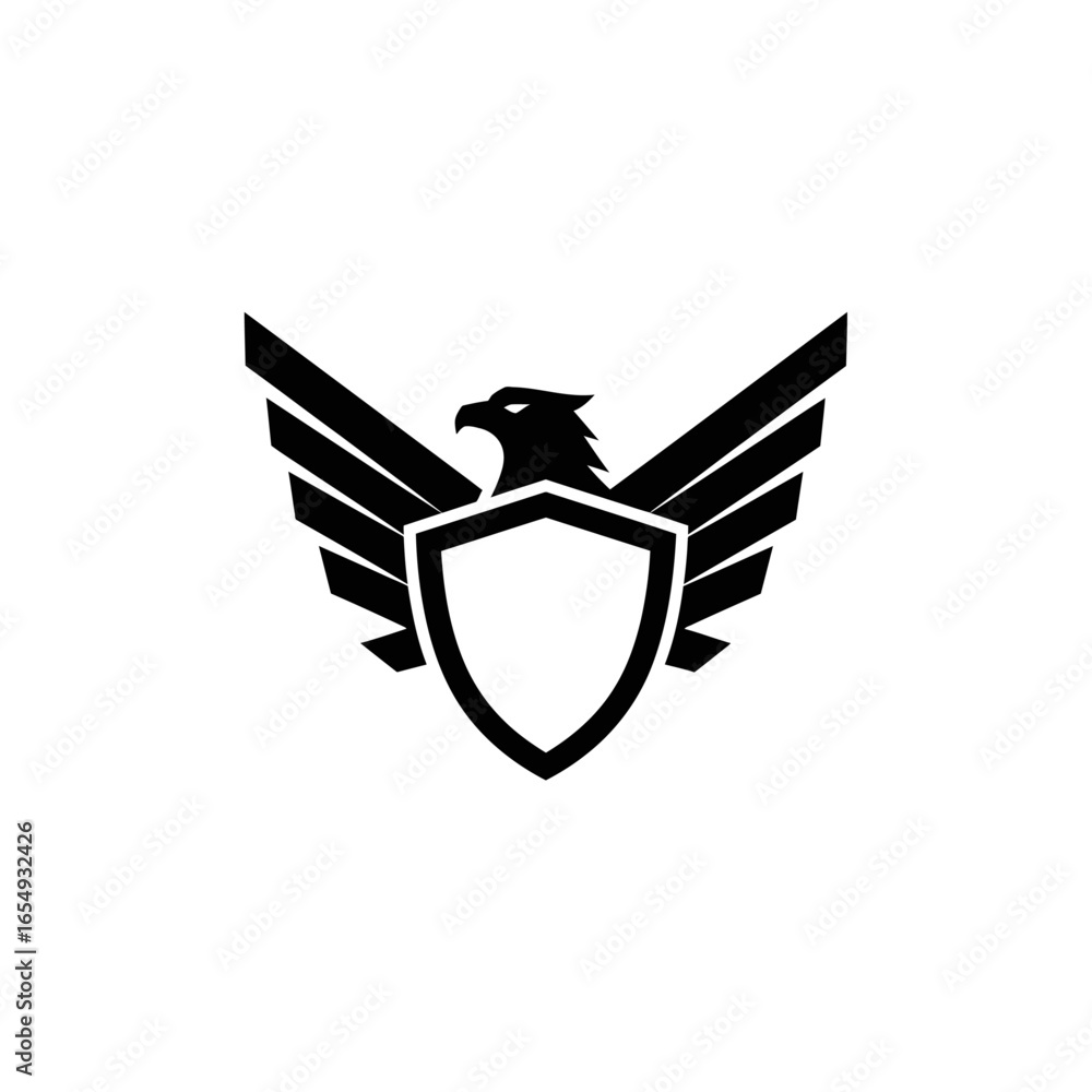 Poster black eagle with wings spread and a shield in a minimalist vector design
