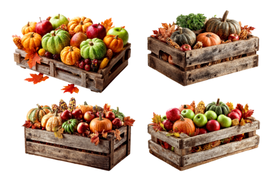 Set of Rustic Autumn Centerpiece with Pumpkins and Fall Foliage in Wooden Crate on transparent backgorund