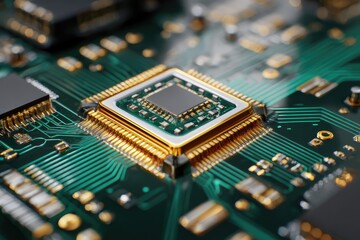 Obraz premium Close-up of a computer circuit board with a central processor chip. Gold-colored connectors surround a dark square chip, set against a teal circuit board.