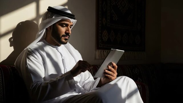 Middle Eastern man in traditional white kandura using digital tablet indoors with natural sunlight, modern technology and Arab lifestyle concept