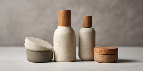 Naklejka premium Stylish and Minimalist Natural Skin Care Product Bottles with Wooden Caps on Elegant Surface for Wellness and Spa Aesthetics
