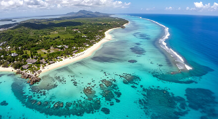 Obraz premium A picturesque aerial view of a tropical coastline, blending lush greenery with vibrant turquoise waters.