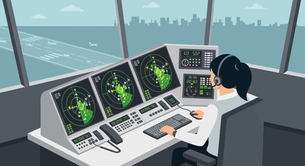 Inside Air Traffic Control Tower During Airplanes Takeoffs And Landing