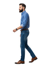 Man with beard walking in blue patterned shirt and jeans isolated on white isolated on transparent background