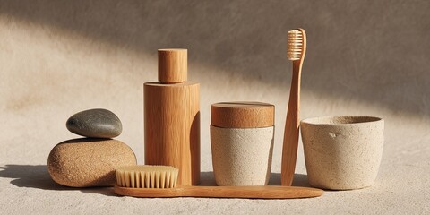 Naklejka premium Natural Bath and Beauty Products Arrangement with Wooden Brushes and Containers on a Soft Neutral Background for Eco-Friendly Lifestyle Promotion