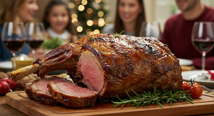 Festive roast lamb on wooden board, rosemary, and tomatoes, with family in background at holiday meal