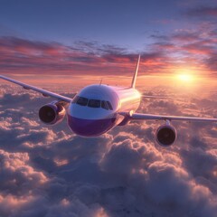 Fototapeta premium Airplane flying above the clouds at sunset aerial view with sun rays shining through the cloudscape travel concept