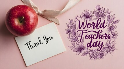 Red apple with thank you note and floral wreath for world teachers day handwritten image