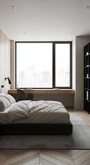Fototapeta premium Modern minimalist bedroom design with city view large window stylish interior home decor inspiration