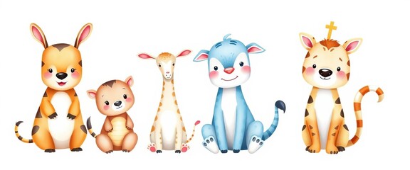 Obraz premium Adorable watercolor cartoon animals, playful poses, white background, whimsical, set