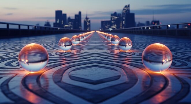 Geometric pathway with glowing orbs leads to city