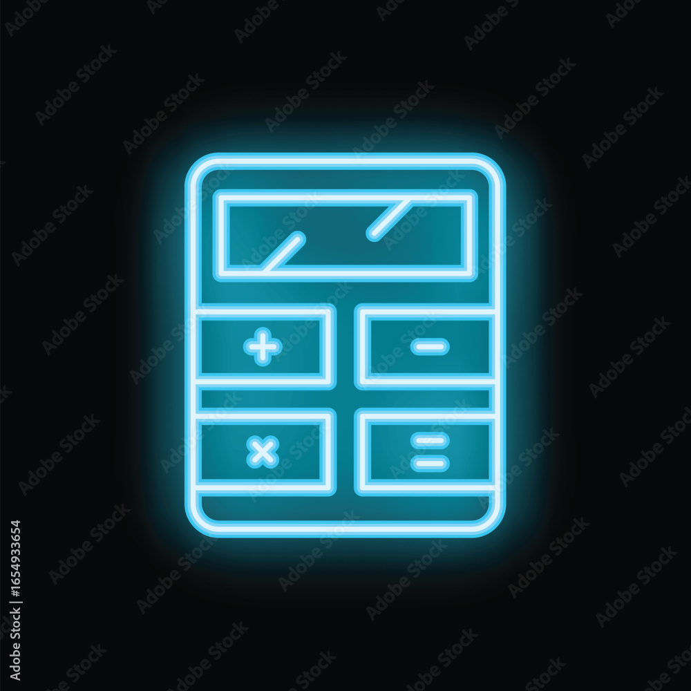 Poster calculator with glowing neon light showing plus minus multiply divide buttons