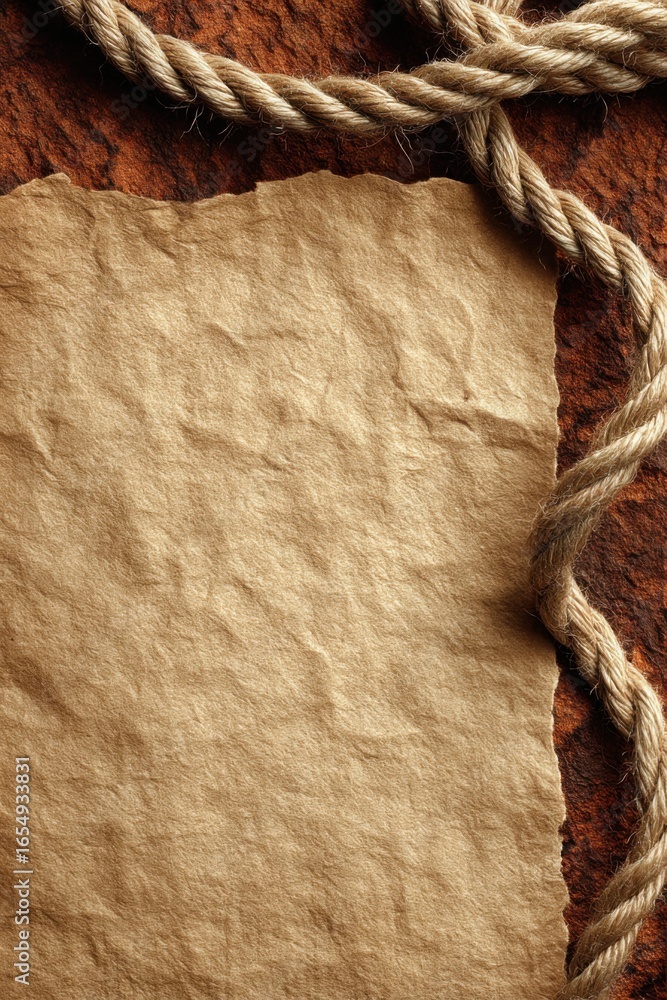 Poster blank crumpled paper with rustic rope on textured surface top view close up for message or invitatio