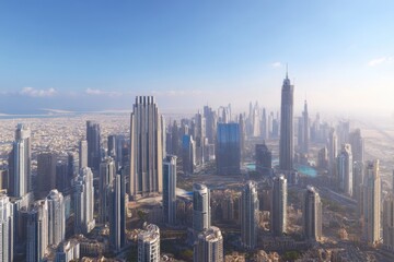 Aerial view of Dubai skyline, skyscrapers reaching towards the sky, modern architecture, cityscape panorama, United Arab Emirates