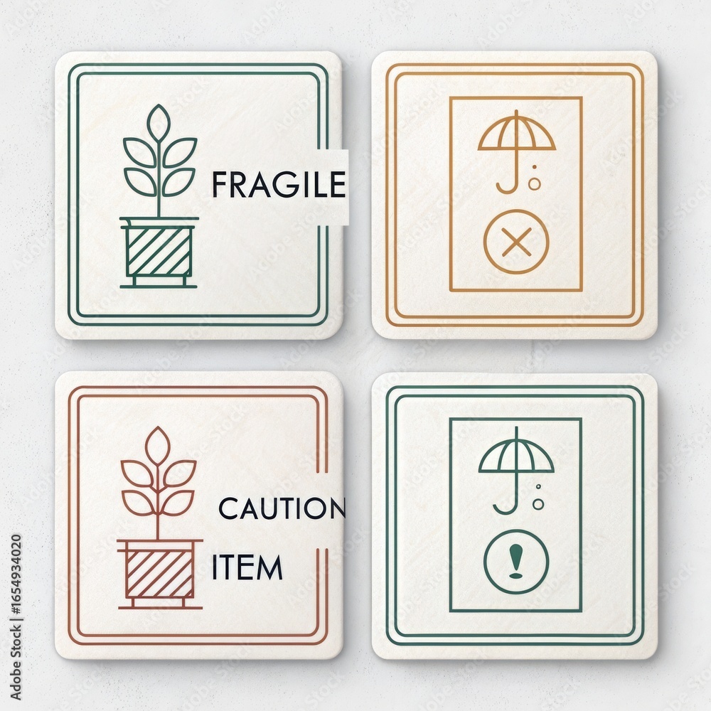 Poster four square tiles with fragile caution and keep dry symbols in different colors on a white backgroun