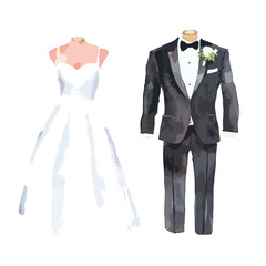 Watercolor Wedding Attire Elegant Brides Gown and Grooms Tuxedo