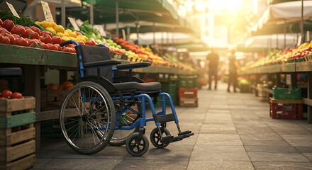 A wheelchair sits at a vibrant outdoor market, surrounded by fresh produce and sunlight.