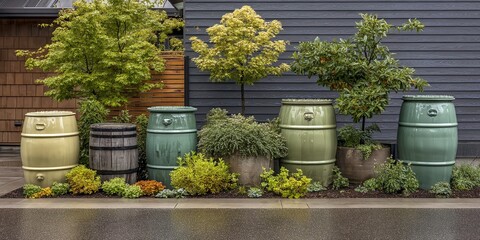 Obraz premium Colorful Rain Barrels and Lush Plants in a Contemporary Garden Landscape with Sleek Gray Wooden House Background