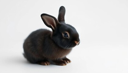 Obraz premium A tiny black bunny sits on a pure white background, black, macro