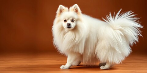 A stunning American Eskimo Dog, fluffy white coat, posed against a rich brown backdrop,  dog,  pet portrait