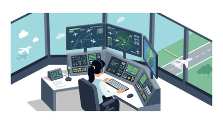 Woman Air Traffic Controller Manages Flights in Modern Control Tower