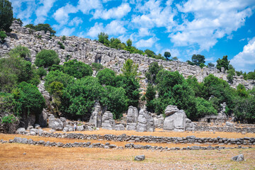 Lush vegetation growing among eroded limestone rocks under a cloudy blue sky in turkey, creating a...