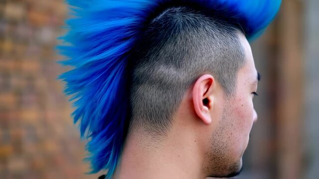 Cool edgy man with blue mohawk side view close-up showcasing alternative style and vibrant