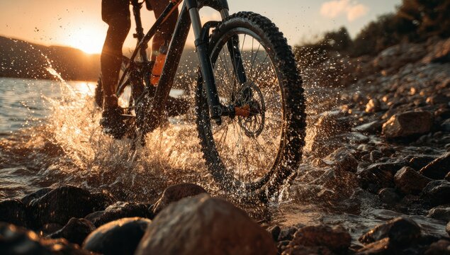 Mountain biker splashing through a shallow stream at sunset - Powered by Adobe