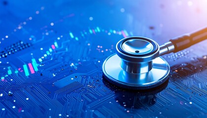 A medical stethoscope rests on a complex circuit board, highlighting the intersection of health and technology.