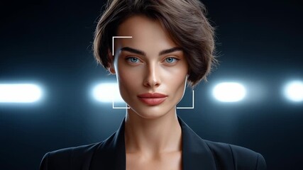 Woman looking at camera with facial recognition technology analyzing her features. Dark background with bright lights creates a high-tech atmosphere