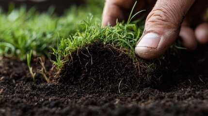 Gardening hand planting seedlings in ground with natural sunlight