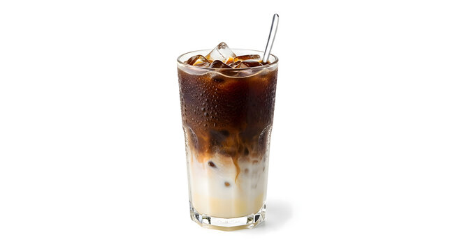 Traditional Vietnamese iced coffee with condensed milk / C&agrave; Ph&ecirc; Sữa Đ&aacute;, served in a tall glass filled with ice cubes, condensation on glass, isolated on white background, studio shot.