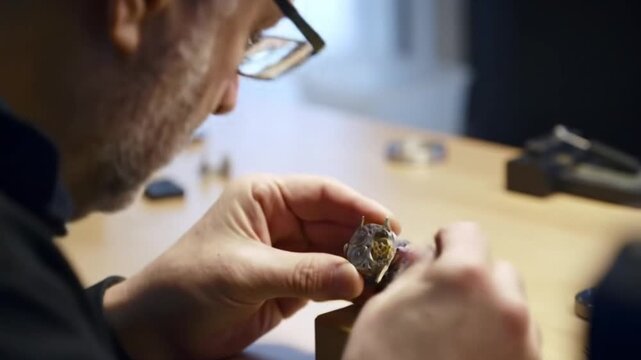 Watchmaker working on a wristwatch, repairing and assembling the intricate components with precision
