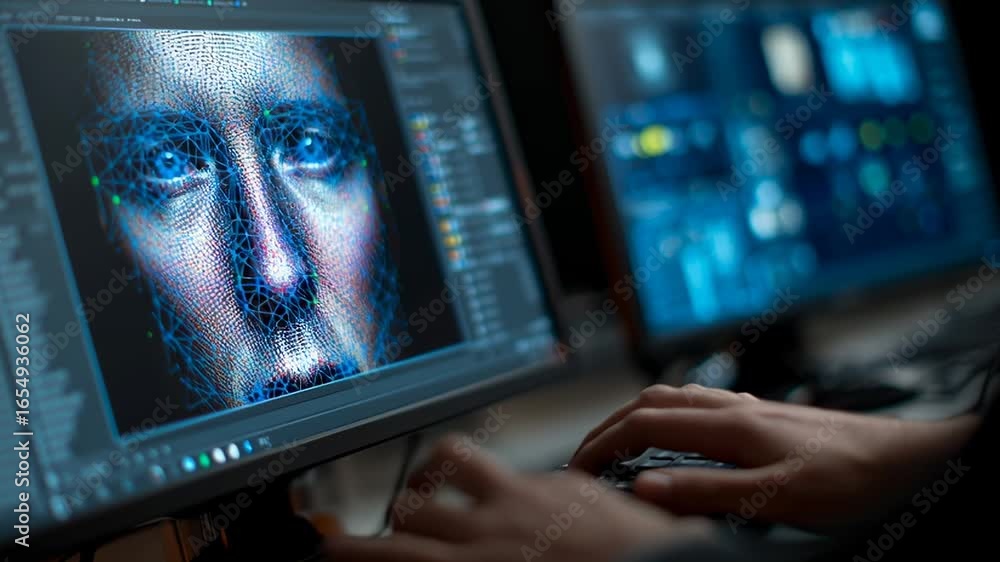 Poster person is working on computer with close-up view of hands on keyboard. digital human face model disp