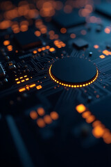A closeup of a circuit board with various electronic components and orange lights