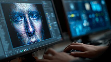 Person is working on computer with close-up view of hands on keyboard. Digital human face model displayed on screen in modern workspace. Concept of technology, artificial intelligence, digital design - Powered by Adobe