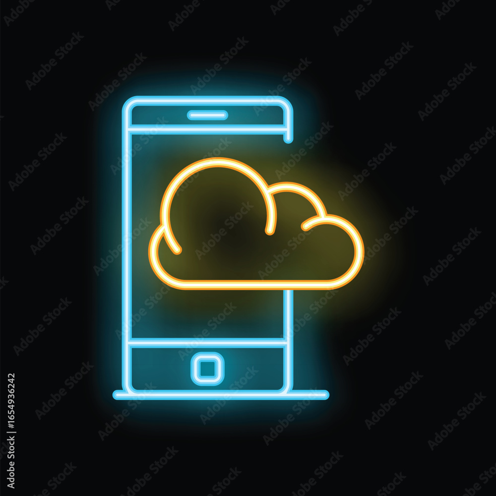 Poster neon icon of a smartphone displaying a cloud, representing cloud computing and mobile data storage
