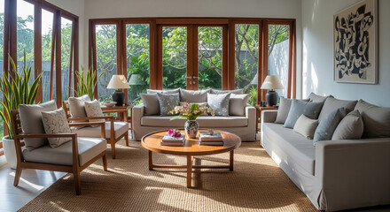 Fototapeta premium A bright and airy living room with a neutral palette and tropical views.