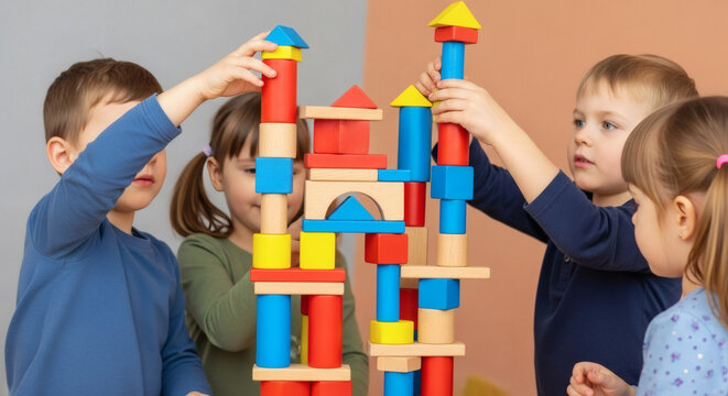 Group of young children building a colorful tower with wooden blocks.