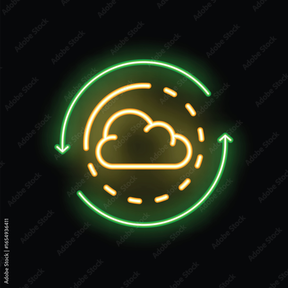 Poster neon sign representing cloud computing with a cloud surrounded by a cycle of arrows, suggesting uplo