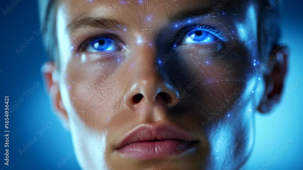 Poster individual with closed eyes immersed in digital visualization with glowing neural patterns. dark blu