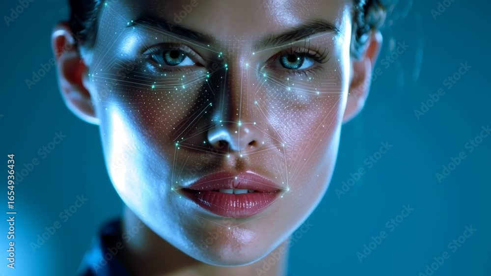 Aufkleber facial recognition technology showcased with a model displaying facial features enhanced by digital 