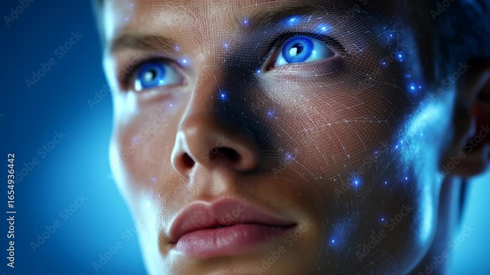 Poster close-up of a person with glowing blue eyes and intricate digital patterns on the skin. futuristic s