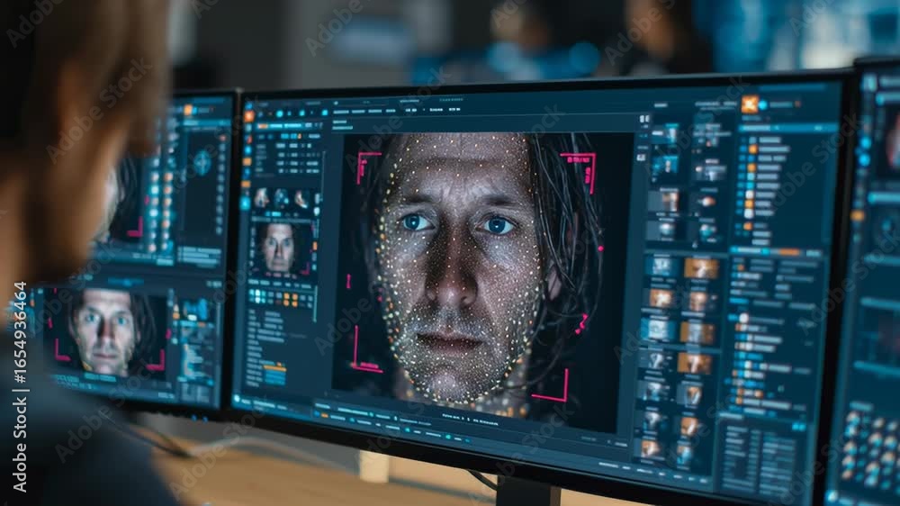 Poster individual focuses on facial recognition analysis displayed on dual monitors in a high-tech office e