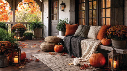Porch of a house decorated for traditional autumn holidays with pumpkins, colorful leaves and lanterns