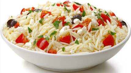 Orzo pasta salad with tomatoes feta and olives close up studio shot in white bowl healthy mediterranean cuisine