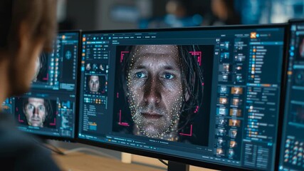 Individual focuses on facial recognition analysis displayed on dual monitors in a high-tech office environment. The setting showcases advanced technology and data processing - Powered by Adobe