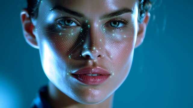Facial recognition technology showcased with a model displaying facial features enhanced by digital overlays. Intimate close-up view with soft blue lighting