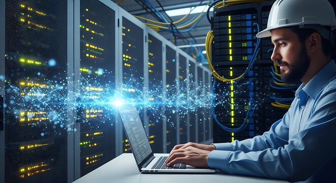Focused IT Professional in Server Room, Data Flow Overlay.